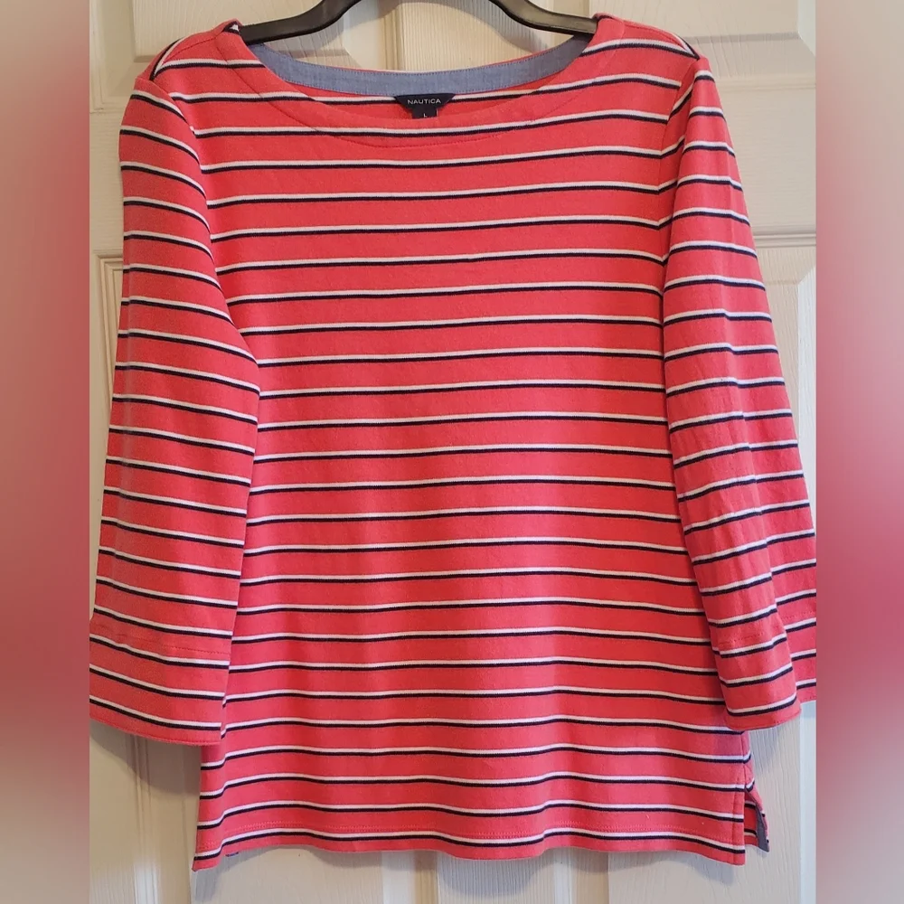 Nautica Women's Striped Coral, Black White Spripes, Blue Accents. Size L - Picture 2 of 9